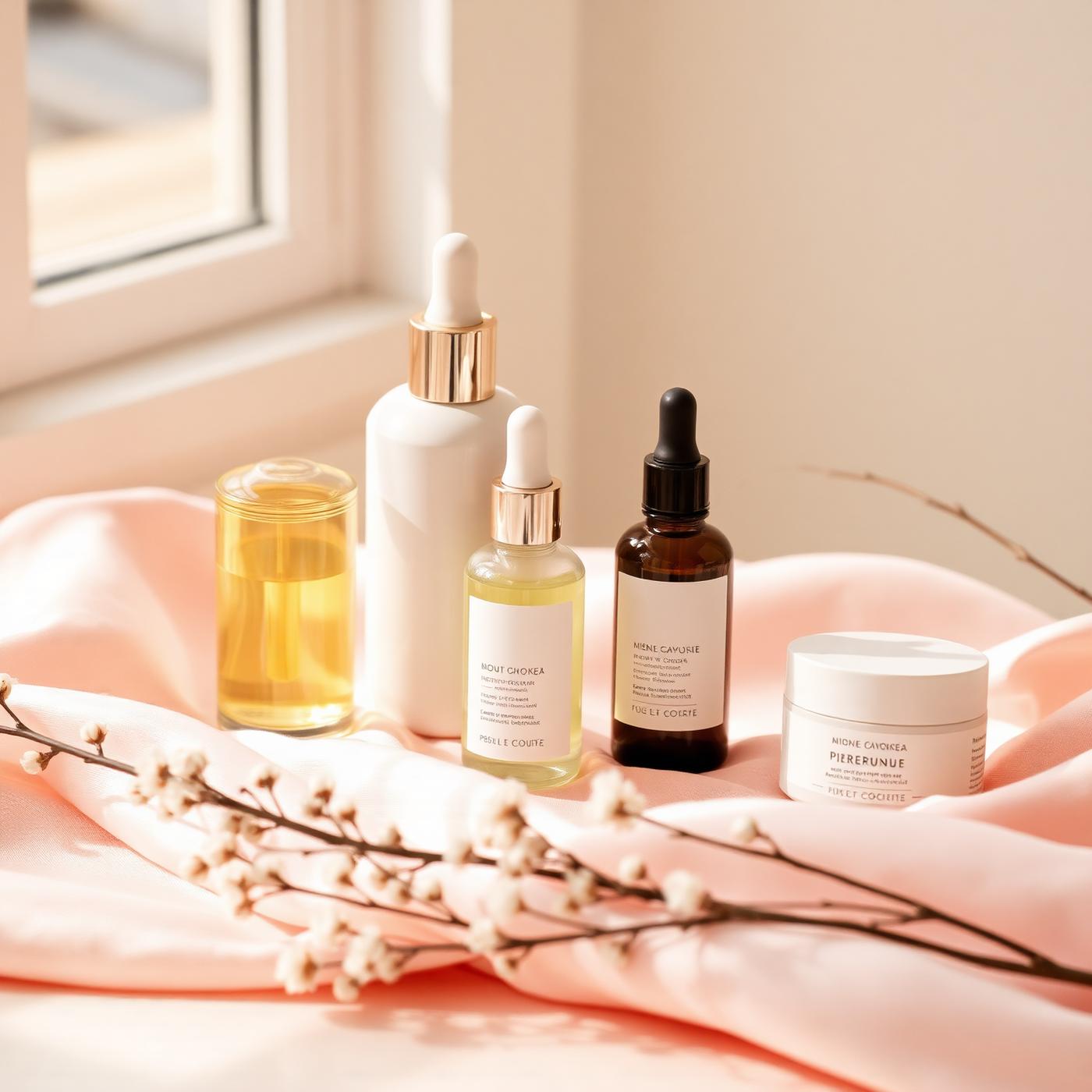 Curated luxury skincare products on blush silk